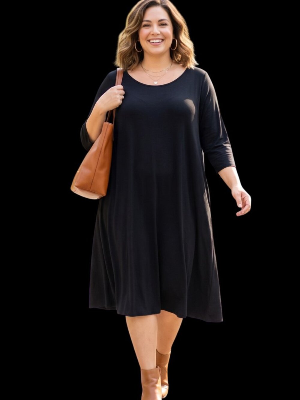 Eileen Fisher Plus Size 2X Midi Dress Black Knit Viscose 3/4 Sleeve Minimalist